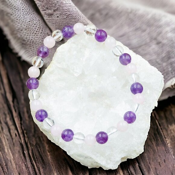 Amethyst Rose Quartz Crystal Gemstone Bracelet Handcrafted - Picture 4 of 5
